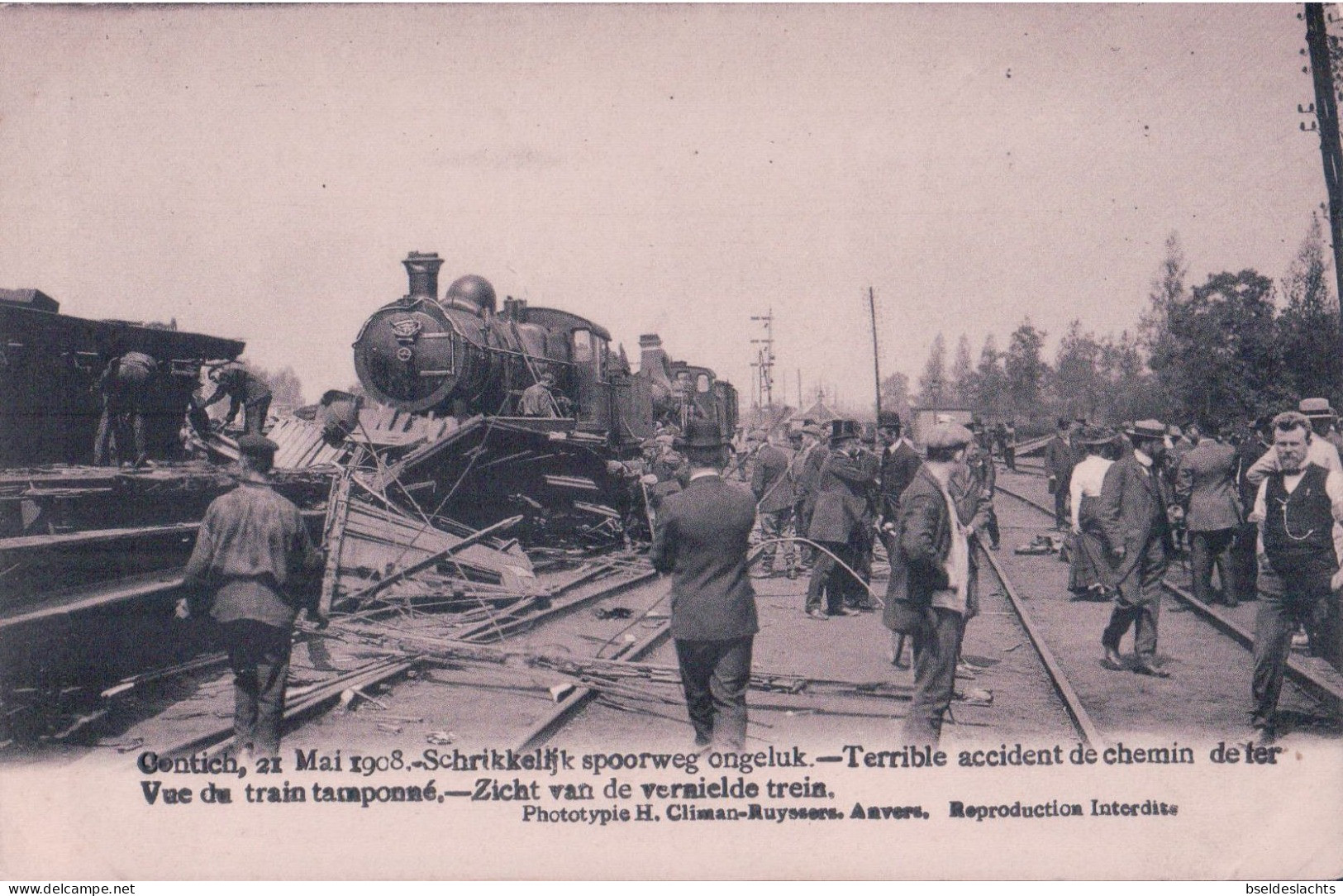 21 Mai 1908 Schrikkelijk Spoorweg Ongeluk Zich Op De Vernielde Trein - Kontich