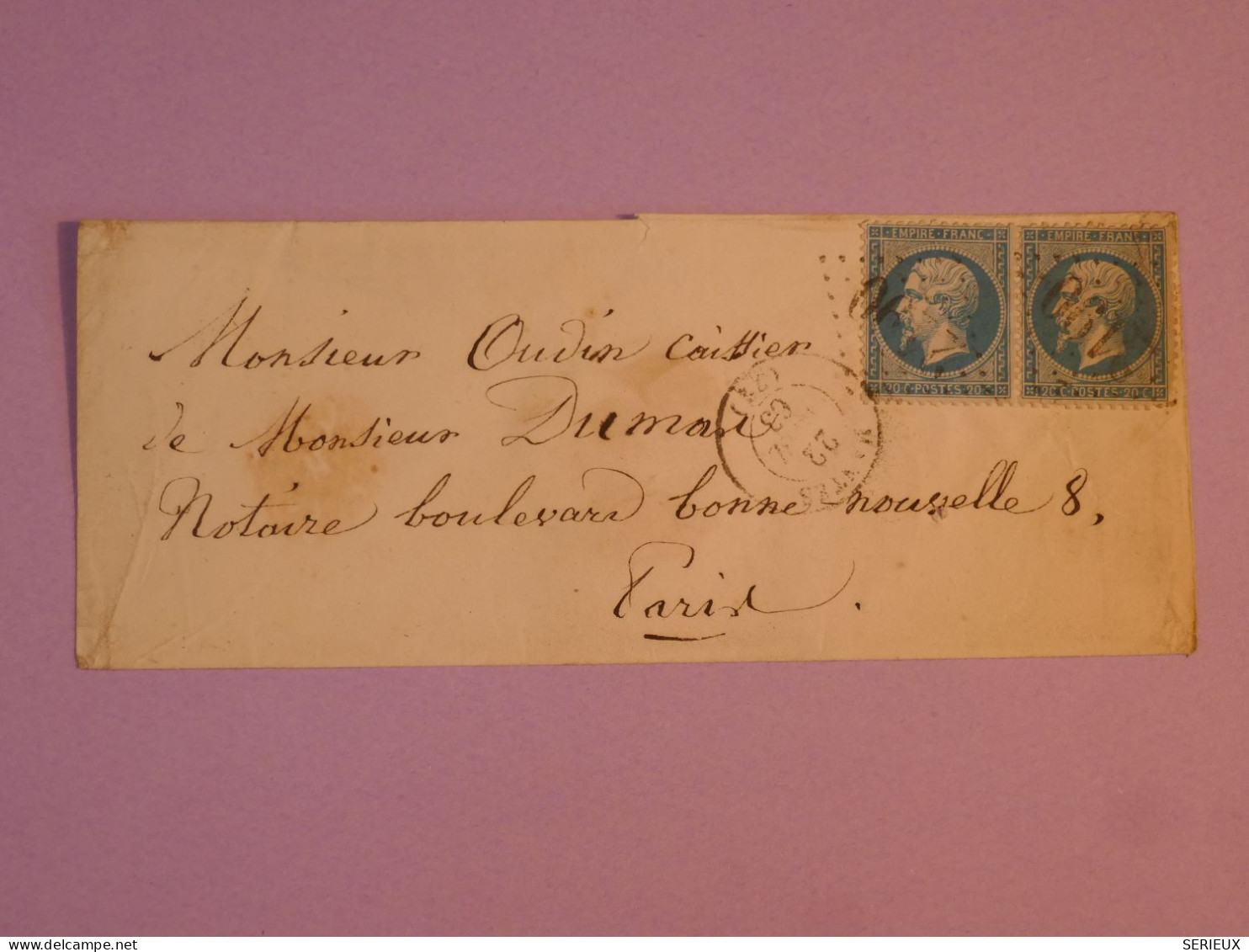 BX17 FRANCE BELLE  LETTRE 1863  MANTES ? A PARIS  +PAIRE DE NAPOLEON N°22  +++AFF. PLAISANT +++ - 1862 Napoleon III