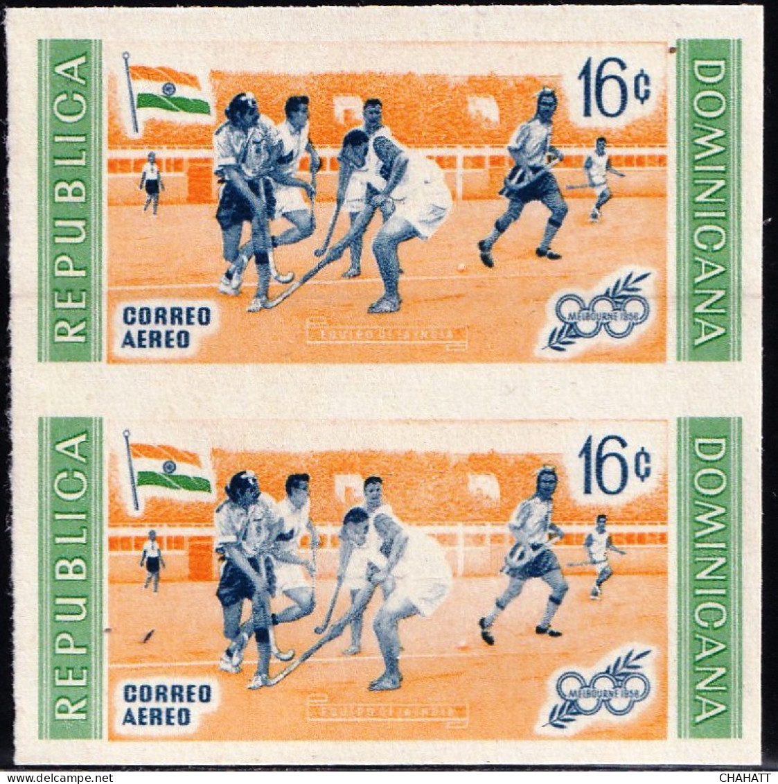 SPORTS- FIELD HOCKEY-ERROR- INDIA OLYMPIC CHAMPIONS- IMPERF PAIR WITH DRY PRINT- DOMINICANA-MNH IE-75 - Hockey (sur Gazon)