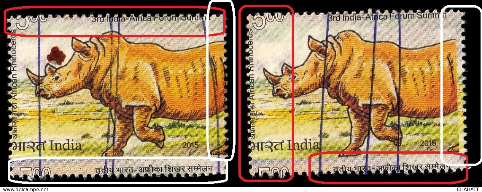 WILDLIFE- RHINOCEROS- 2 UNIQUE ERRORS- FRAME SHIFT- PERFORATION SHIFT- INDIA-2015-FU-IE-79 - Rhinoceros