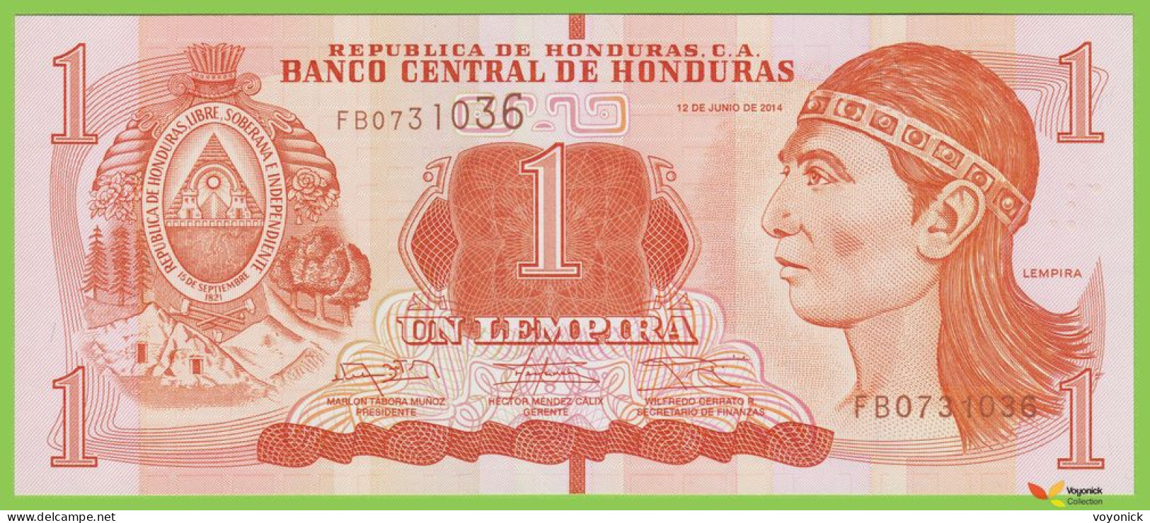 Voyo HONDURAS 1 Lempira 2014 P96/NEW  Prefix FB UNC - Honduras