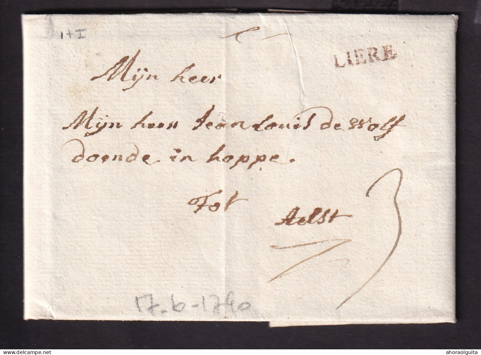 DDCC 403 - Lettre Précurseur 17 Juin 1790 (Révolution Belge) - Griffe H 14 Rouge LIERE Vers AELST - Port 3 St. Encre - 1789-1790 (Brabantische Revolution)