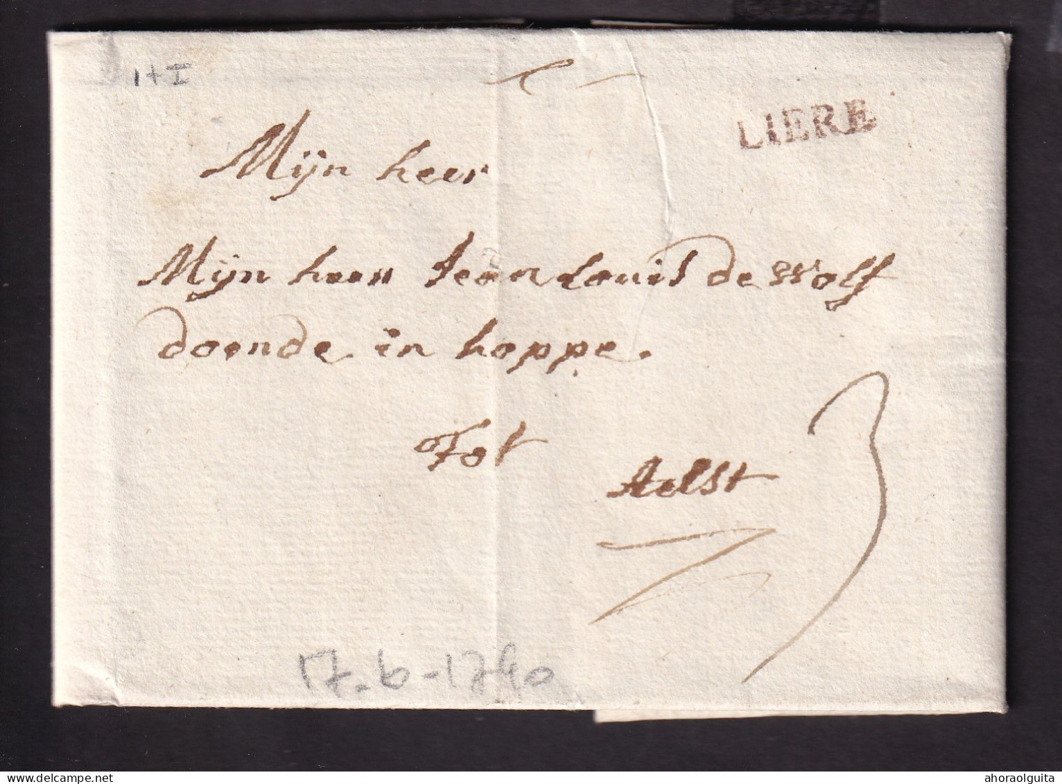 DDCC 403 - Lettre Précurseur 17 Juin 1790 (Révolution Belge) - Griffe H 14 Rouge LIERE Vers AELST - Port 3 St. Encre - 1789-1790 (Révol. Brabançonne)