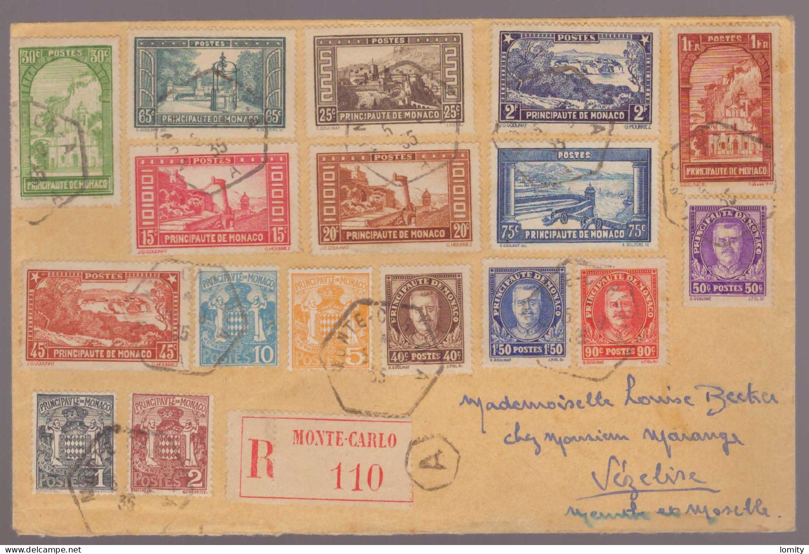 Monaco 1935 Lettre Recommandée Monte Carlo Timbre Timbres 115 à 118 119 à 126 129 73 74 75 76 - Briefe U. Dokumente