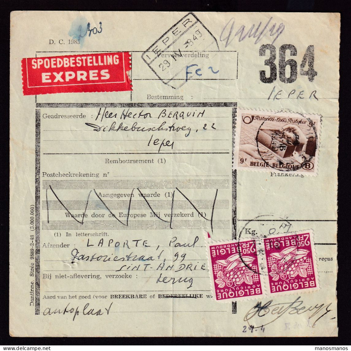 226/37 - ETIQUETTES Sur Formules De Colis - EXPRES Timbres Ch.de Fer + Poste Export BRUGGE 1949 Vers IEPER - Dokumente & Fragmente