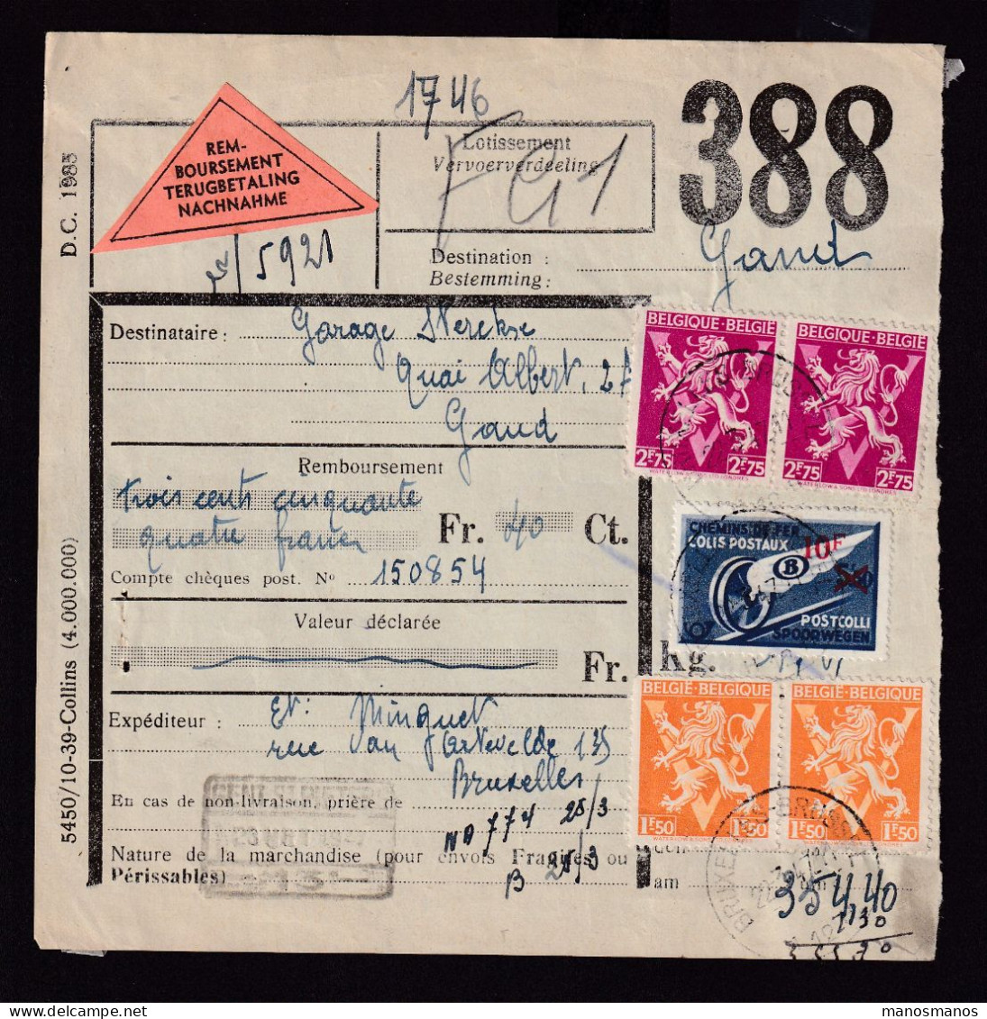 230/37 - ETIQUETTES Sur Formules De Colis - REMBOURSEMENT Trilingue - Timbres Ch.de Fer + Poste BXL 1947 - Documenti & Frammenti