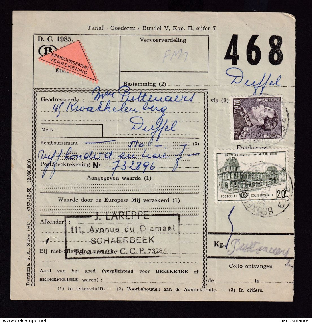 231/37 - ETIQUETTES Sur Formules De Colis - REMBOURSEMENT Bilingue - Timbres Ch.de Fer + Poste BXL 1959 - Dokumente & Fragmente