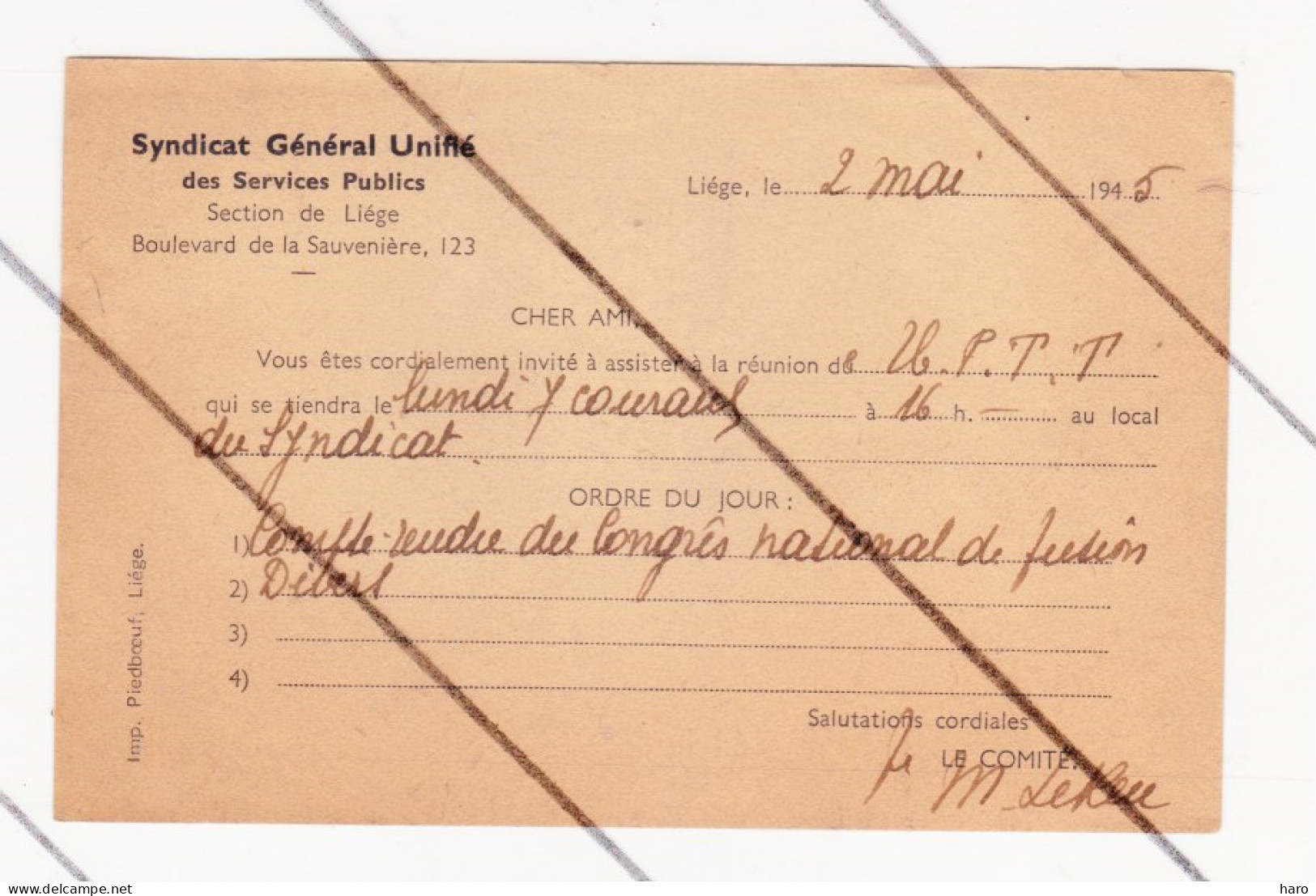 Syndicat Général Unifié Des Services Publics - Liège  - Convocation Pré Imprimée 1945 .( B348) - Gewerkschaften