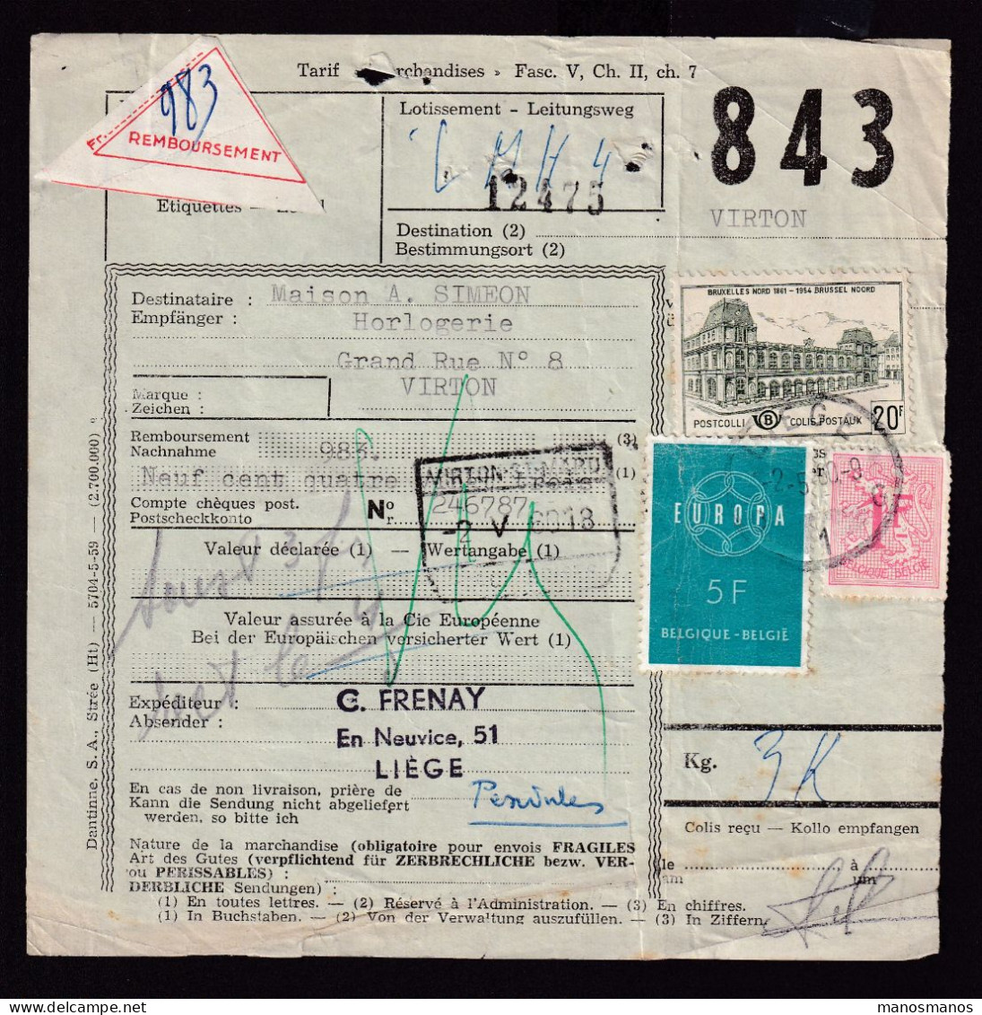 233/37 - ETIQUETTES Sur Formules De Colis - REMBOURSEMENT Unil. - Timbres Ch.de Fer + Poste LIEGE 1960 à VIRTON ST MARD - Dokumente & Fragmente