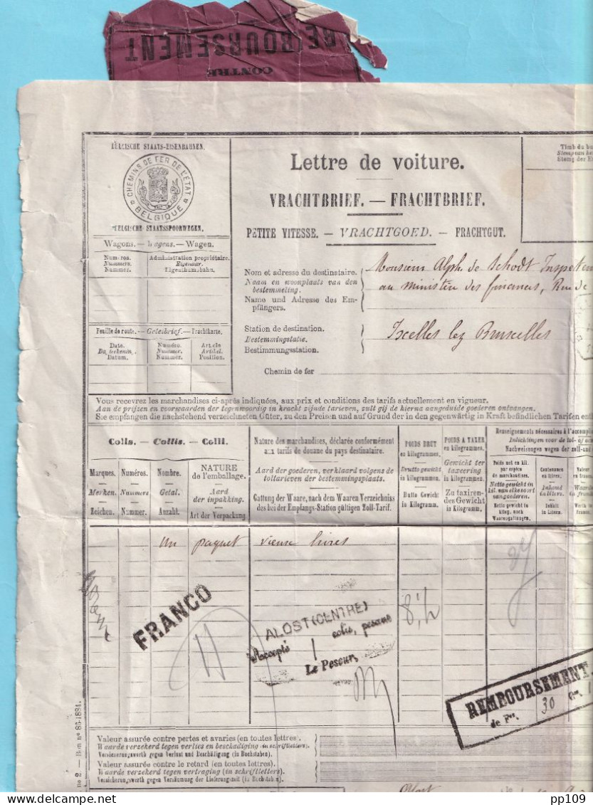 Lettre De Voiture Petite Vitesse CONTRE REMBOURSEMENT Obl Hexagonal BRUXELLES Allée Verte + ALOST (Centre) Août 1885 !  - Documents & Fragments