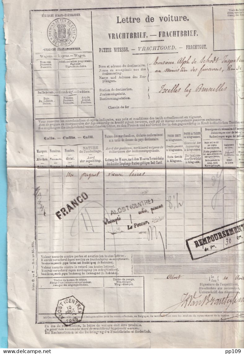 Lettre De Voiture Petite Vitesse CONTRE REMBOURSEMENT Obl Hexagonal BRUXELLES Allée Verte + ALOST (Centre) Août 1885 !  - Documentos & Fragmentos