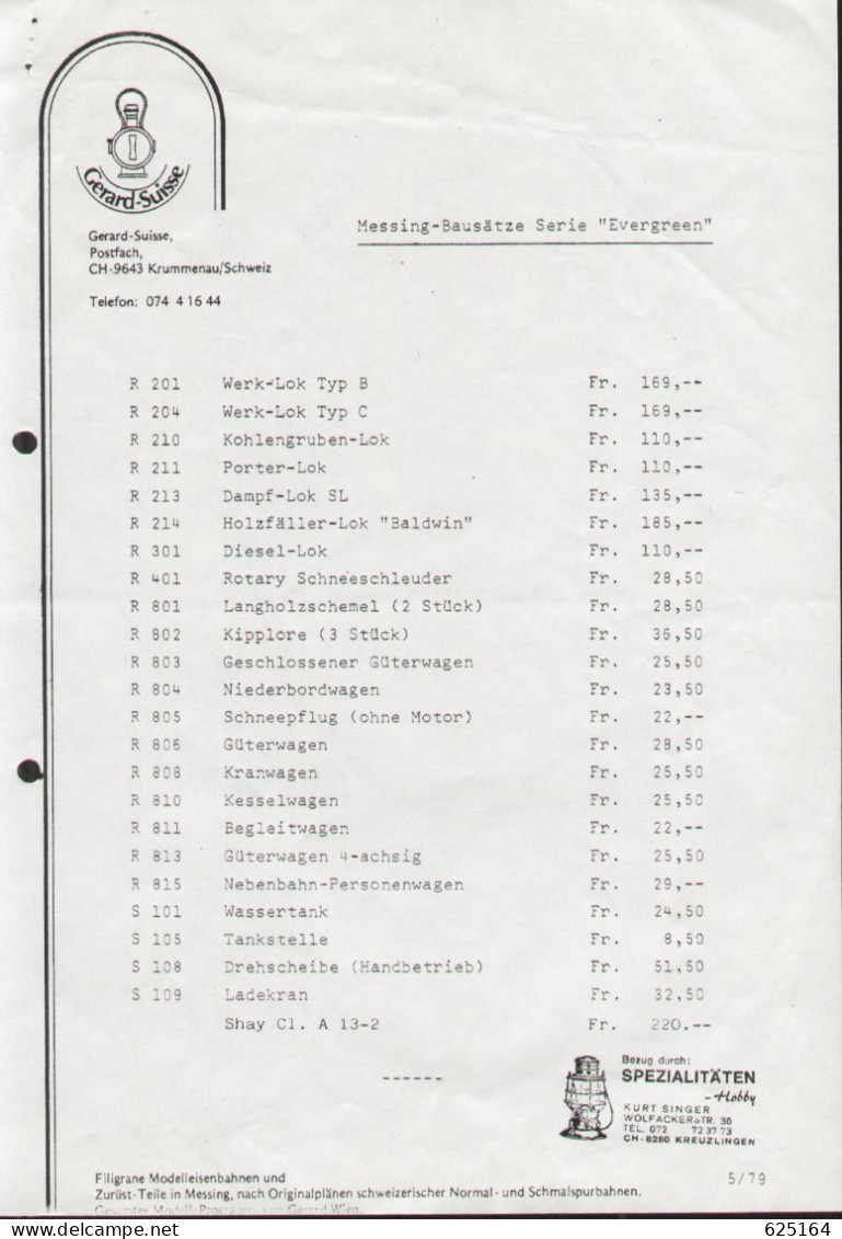 Catalogue GERARD SUISSE 1979 JOE WORKS SCHMALSPUR 1:87 - SHAY - Duits