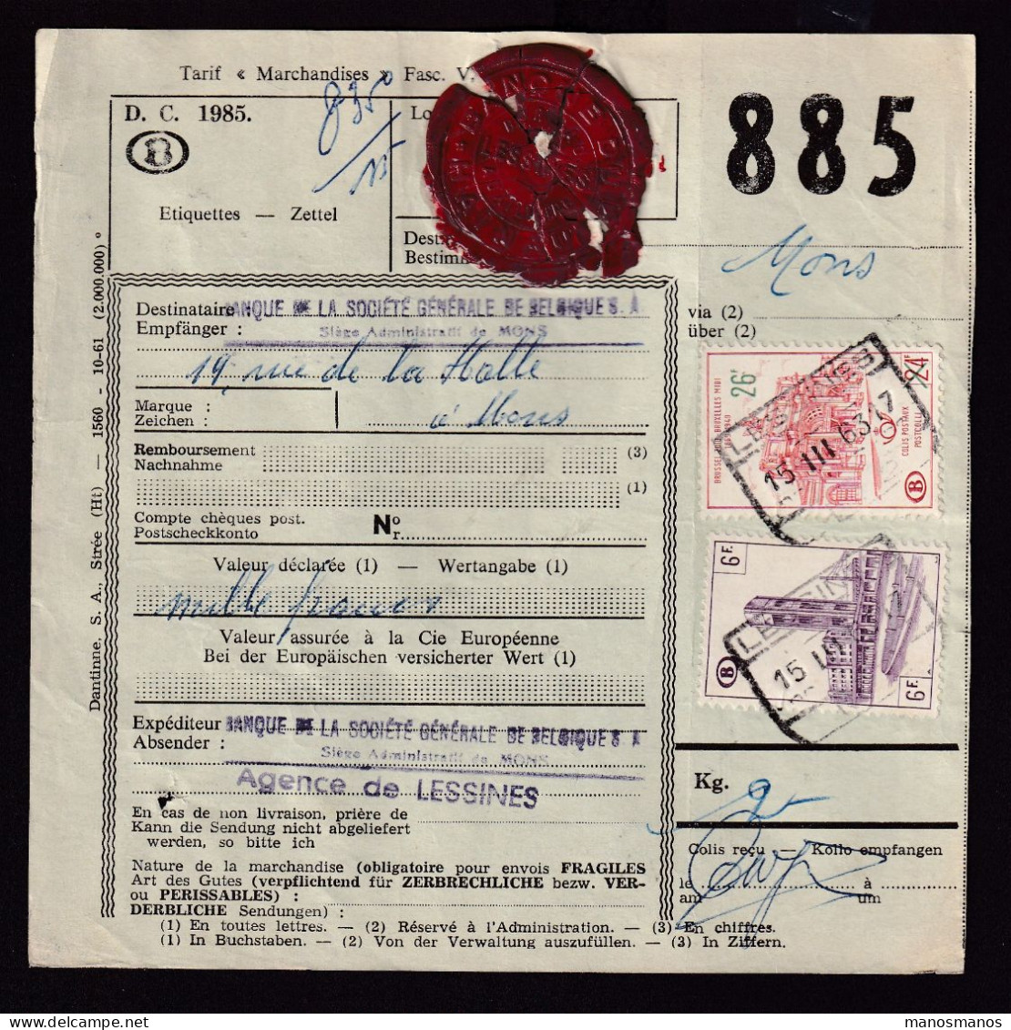 241/37 - Formule De Colis En VALEUR DECLAREE - Timbres Ch.de Fer Gare De LESSINES 1963 Vers MONS - Dokumente & Fragmente