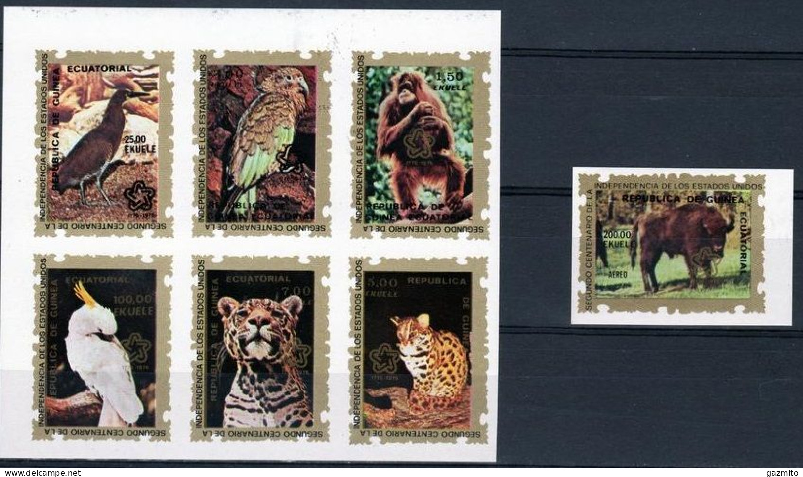 Guinea Equat. 1976, Bird, Parrot, Gorilla, Leopard, Bisont, 7val IMPERFORATED - Gorilla's