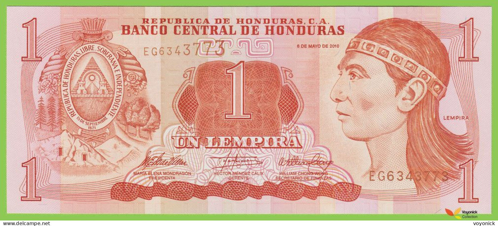 Voyo HONDURAS 1 Lempira 2010 P89b  Prefix EG UNC - Honduras