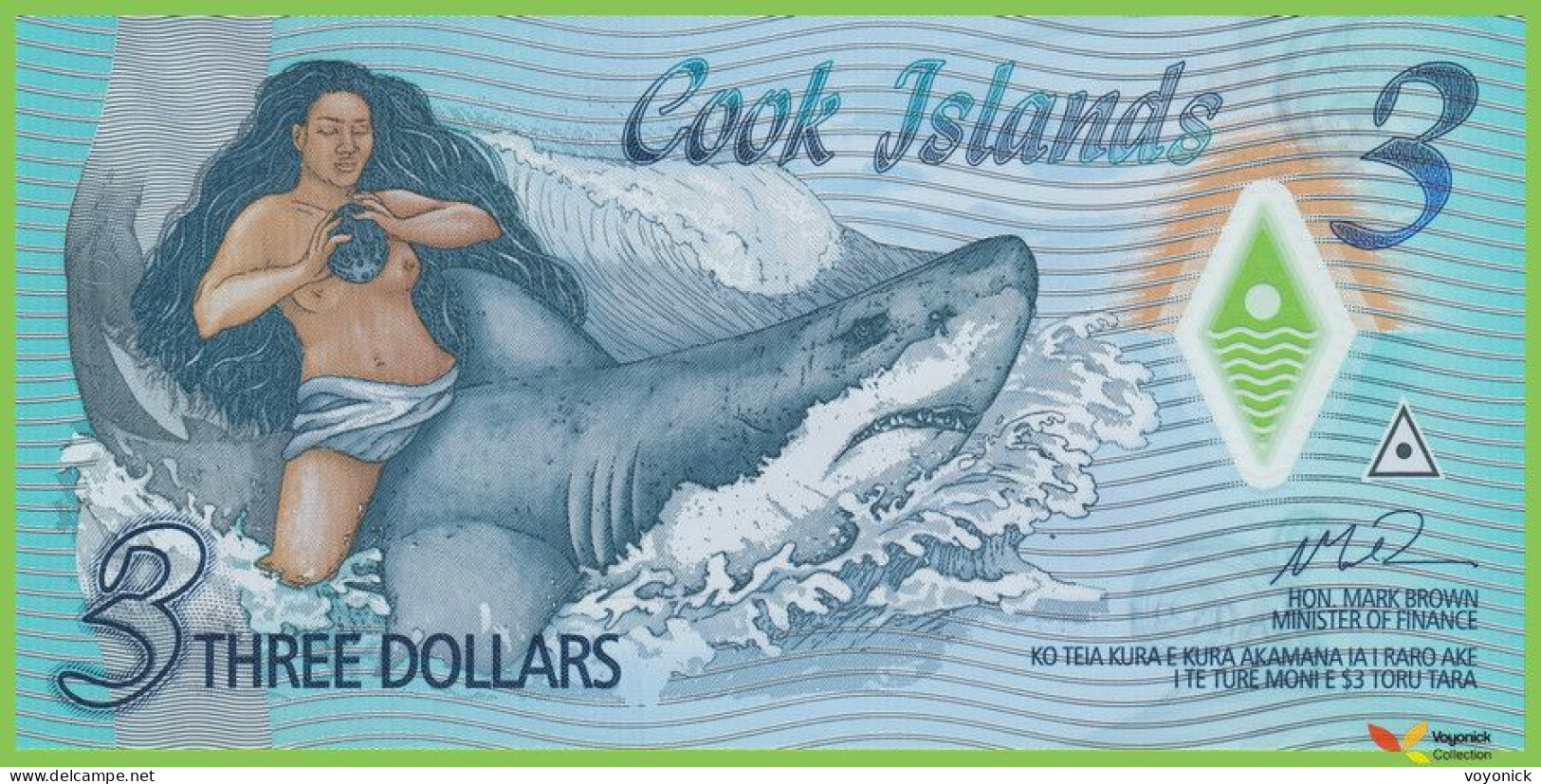 Voyo COOK ISLANDS 3 Dollars ND/2021 P11 B111a AA UNC Shark  Polimer - Cookeilanden