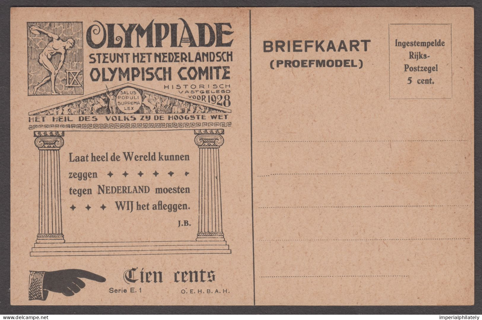 1928 Amsterdam 5c Postal Stationery Card Proof ("proefmodel") By Huygens, Series E.1 - Ete 1928: Amsterdam