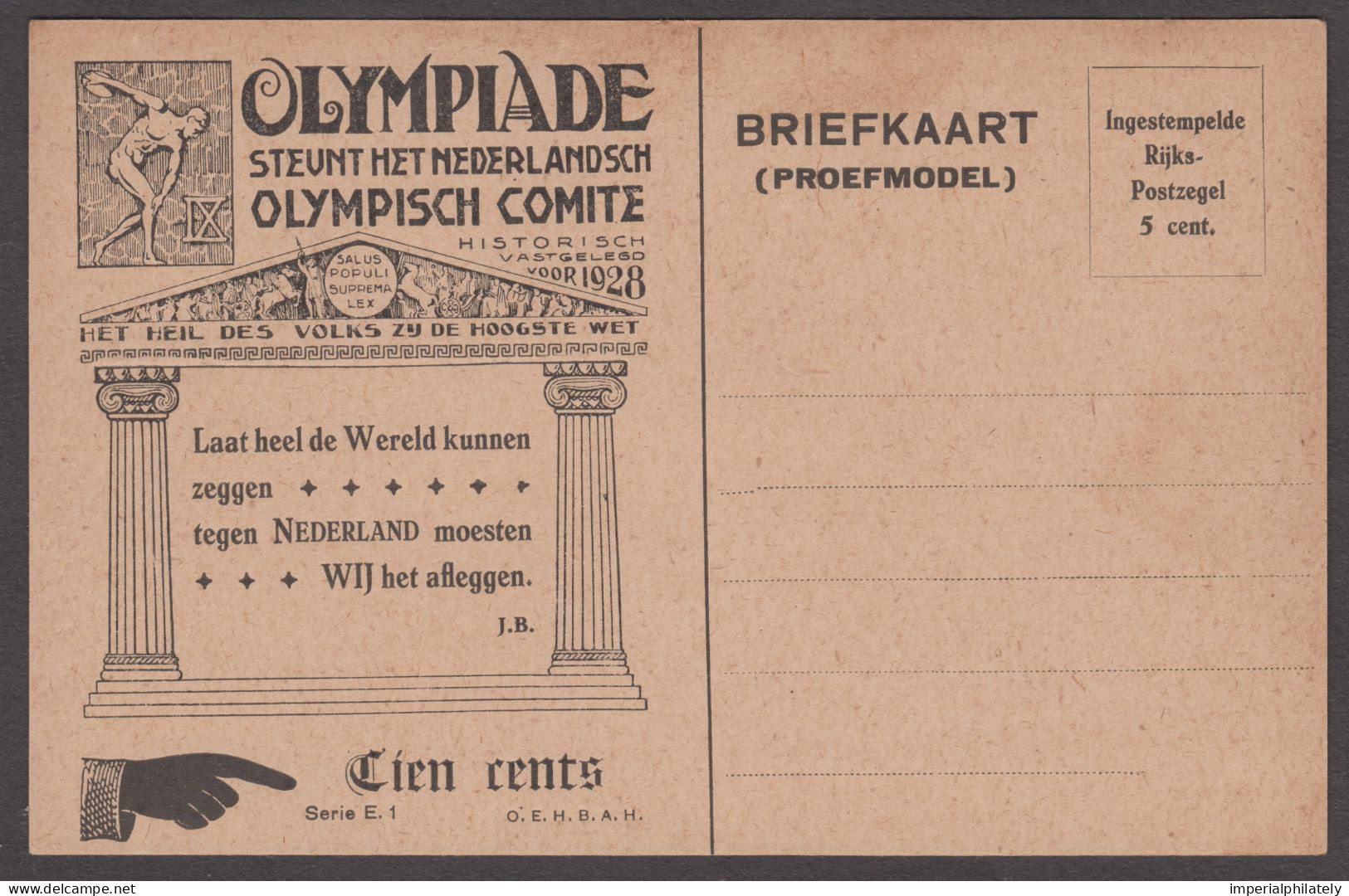 1928 Amsterdam 5c Postal Stationery Card Proof ("proefmodel") By Huygens, Series E.1 - Verano 1928: Amsterdam