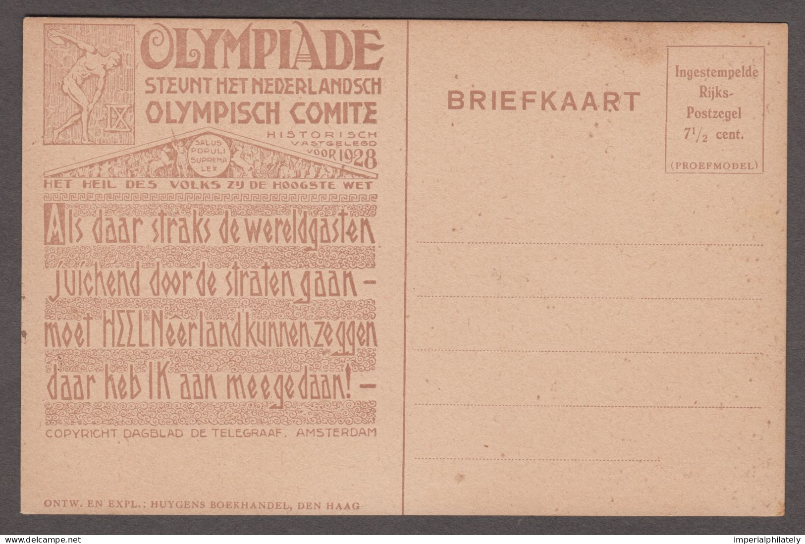 1928 Amsterdam 7 1/2c Postal Stationery Card Proof ("proefmodel") By Huygens - Sommer 1928: Amsterdam