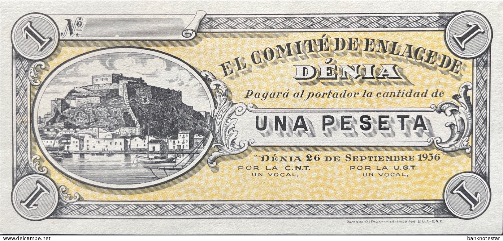 Spain 1 Peseta, P-NL (1936) - UNC - City Of Denia - Civil War Issue - Autres & Non Classés