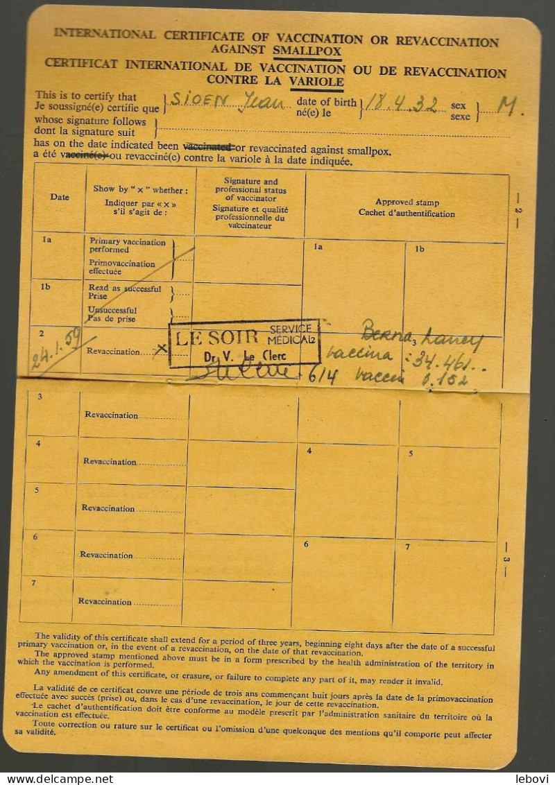 SABENA – Carnet International De Vaccination Contre La VARIOLE (1962) - Avions & Hélicoptères