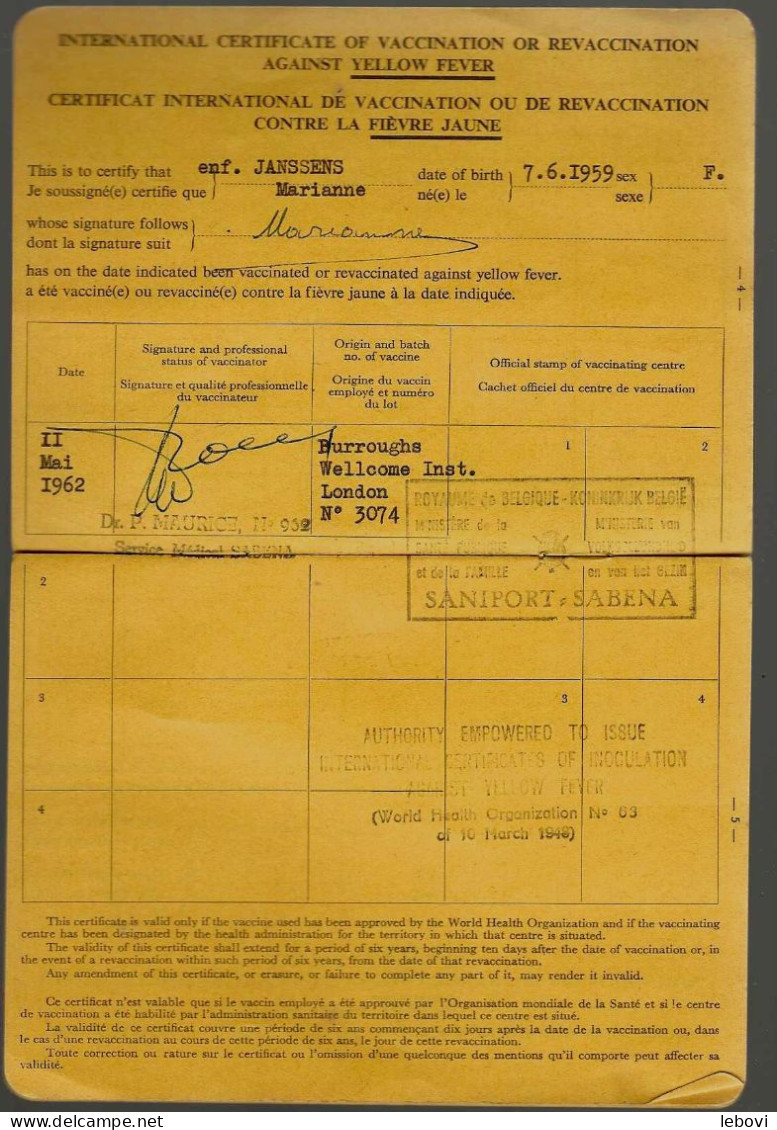 SABENA – Carnet International De Vaccination Contre La VARIOLE Et La FIEVRE JAUNE (1959) - Avions & Hélicoptères