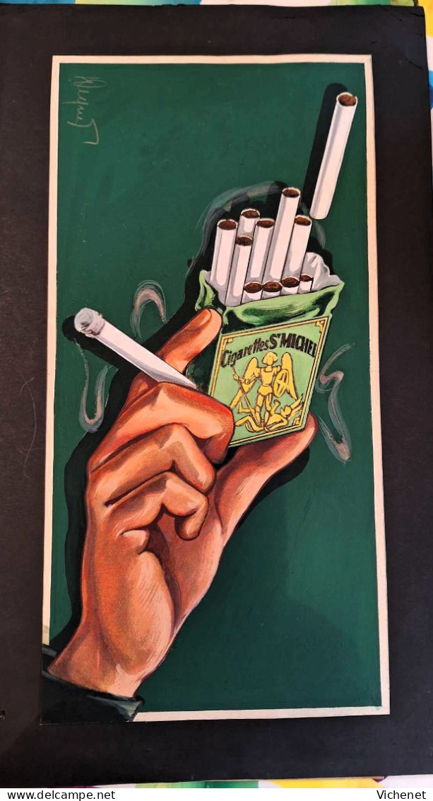 Cigarette Saint Michel - Projet Pancarte Publicitaire (Agence Rossel) - Croquis à La Gouache  - Magnifique - Rare - Objets Publicitaires