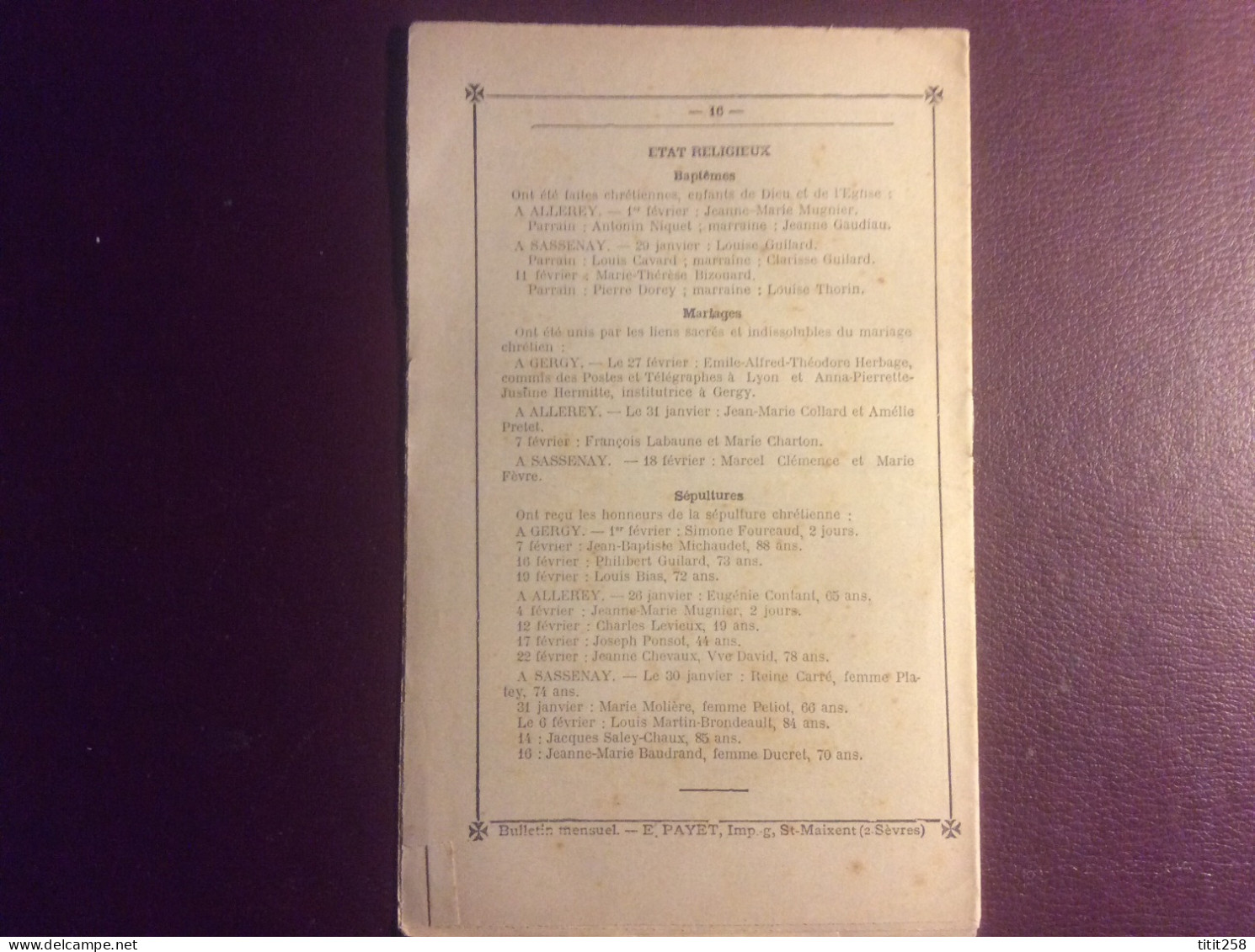 Bulletin Paroissial GERGY 71 ( Chalon Sur Saône ) MARS  1911 - Bourgogne