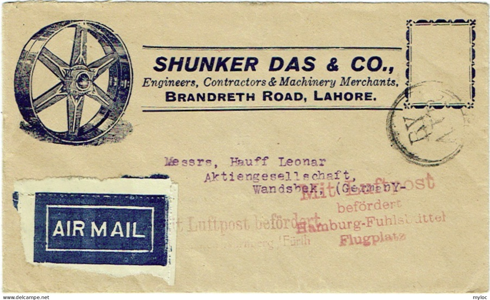 Air Mail Inde, Lahore Vers Wandsbek. 1930. - Posta Aerea