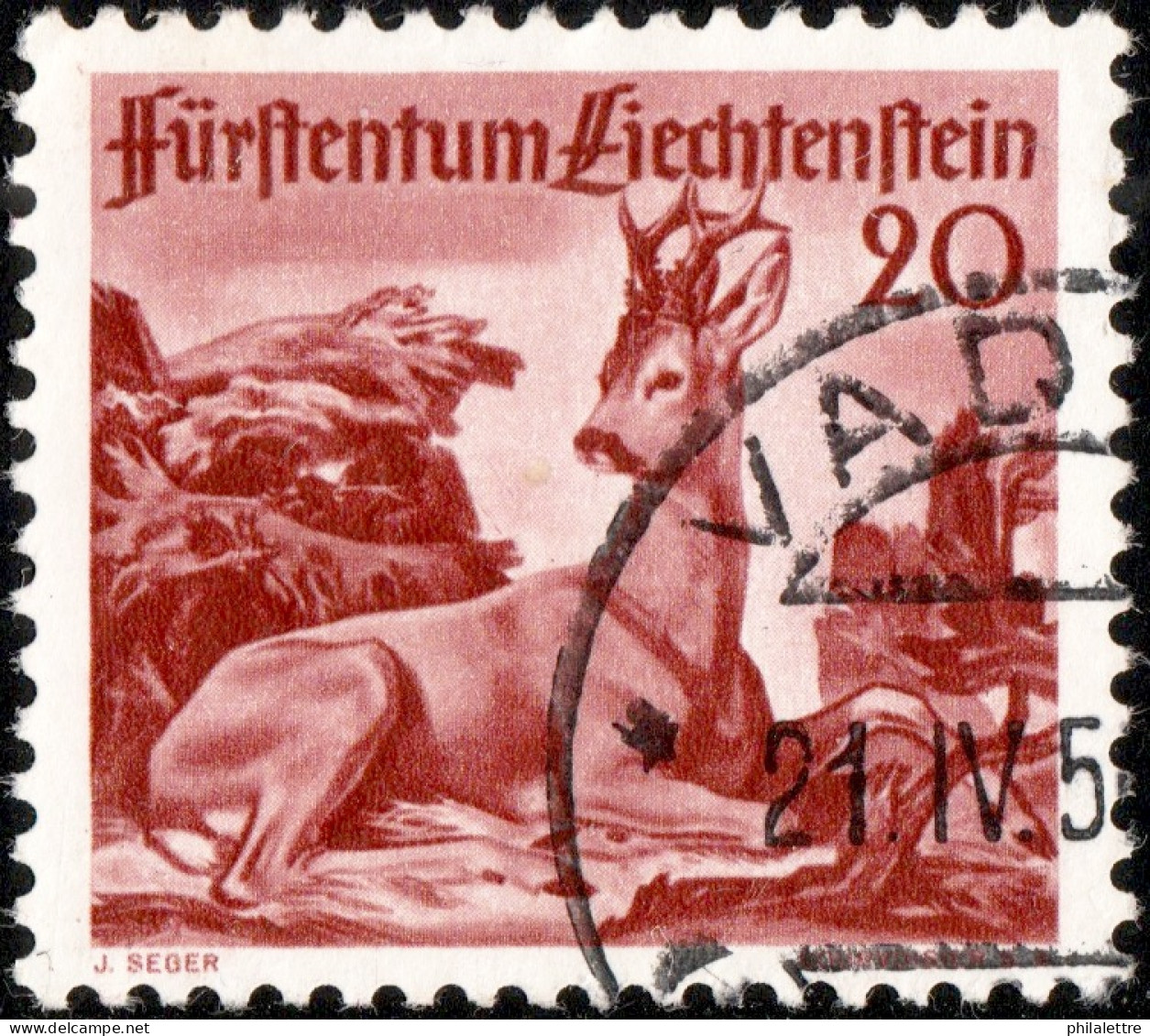 LIECHTENSTEIN - 1950 - Mi.285 - 20Rp Brown Red "Roe Deer" - VF Used - Oblitérés