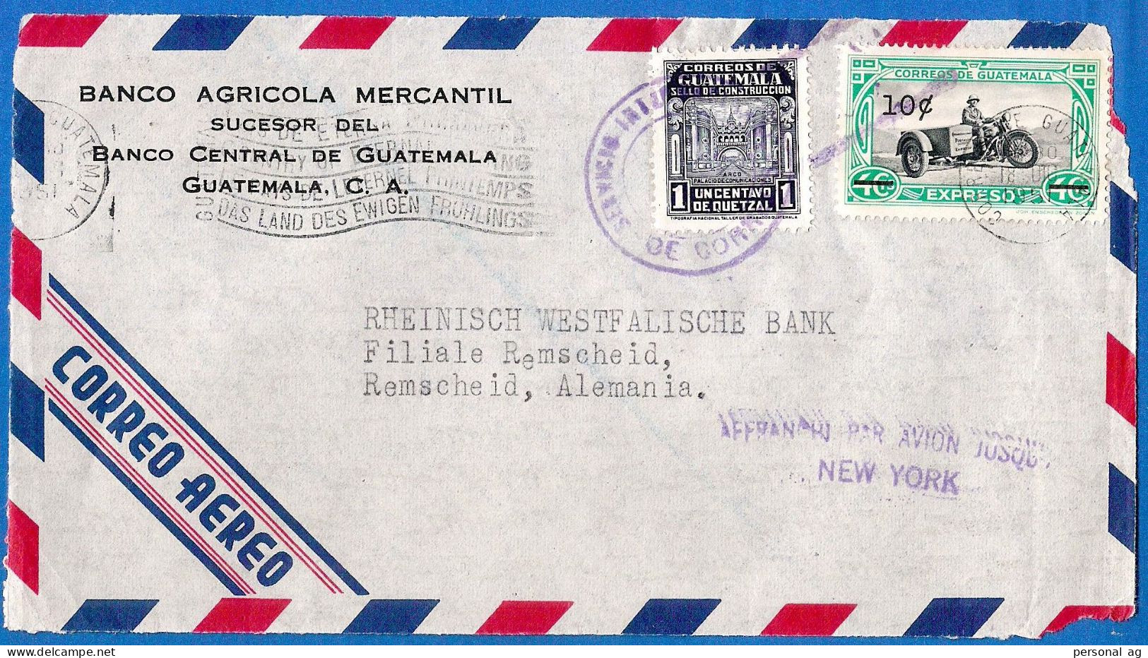 1951 Airmail Cover To Germany AFFRANCHI PAR AVION JUSQU'A NEW YORK  (front Cover Only) - Guatemala