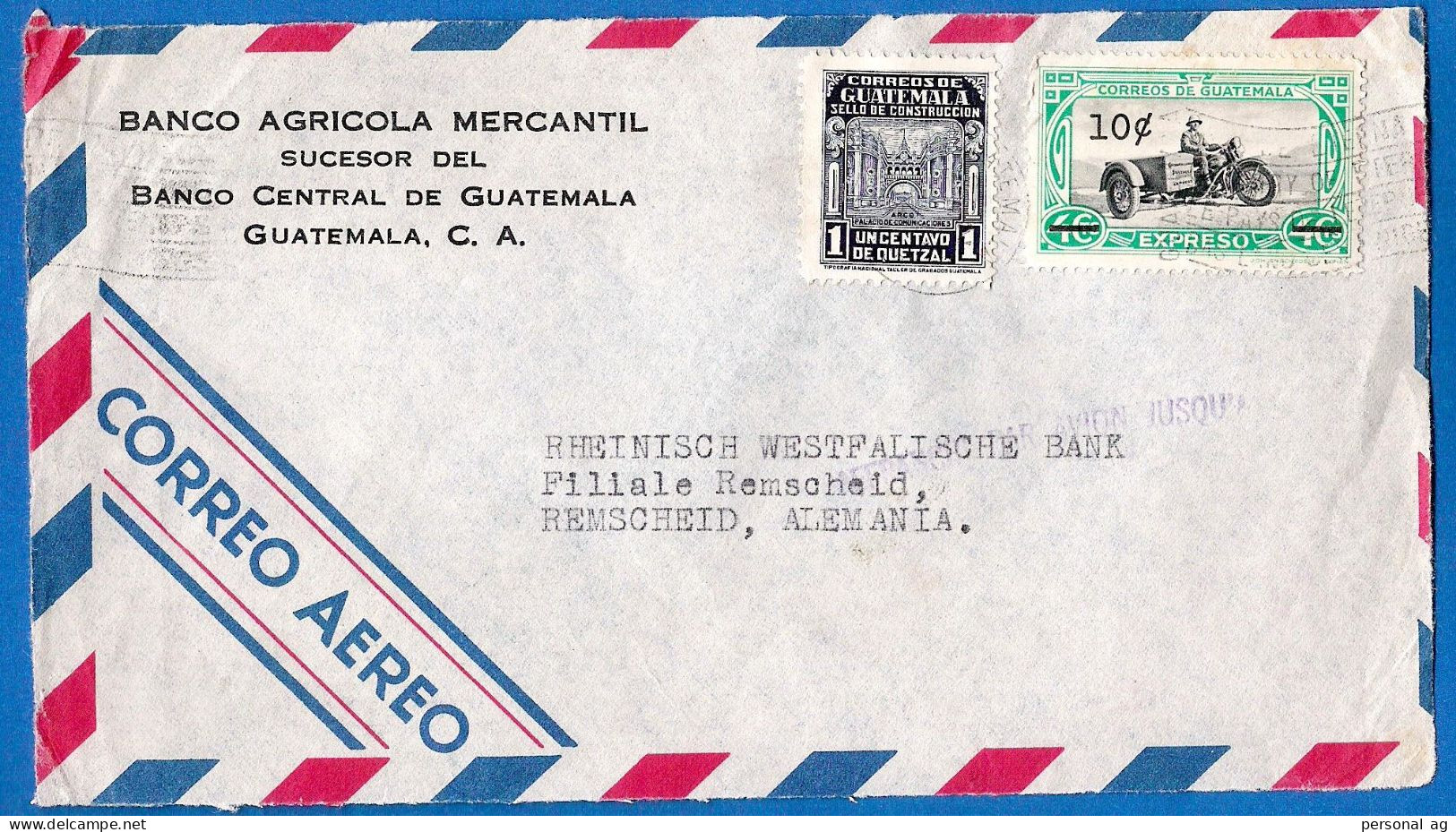 1952 Airmail Cover To Germany AFFRANCHI PAR AVION JUSQU'A NEW YORK  (front Cover Only) - Guatemala