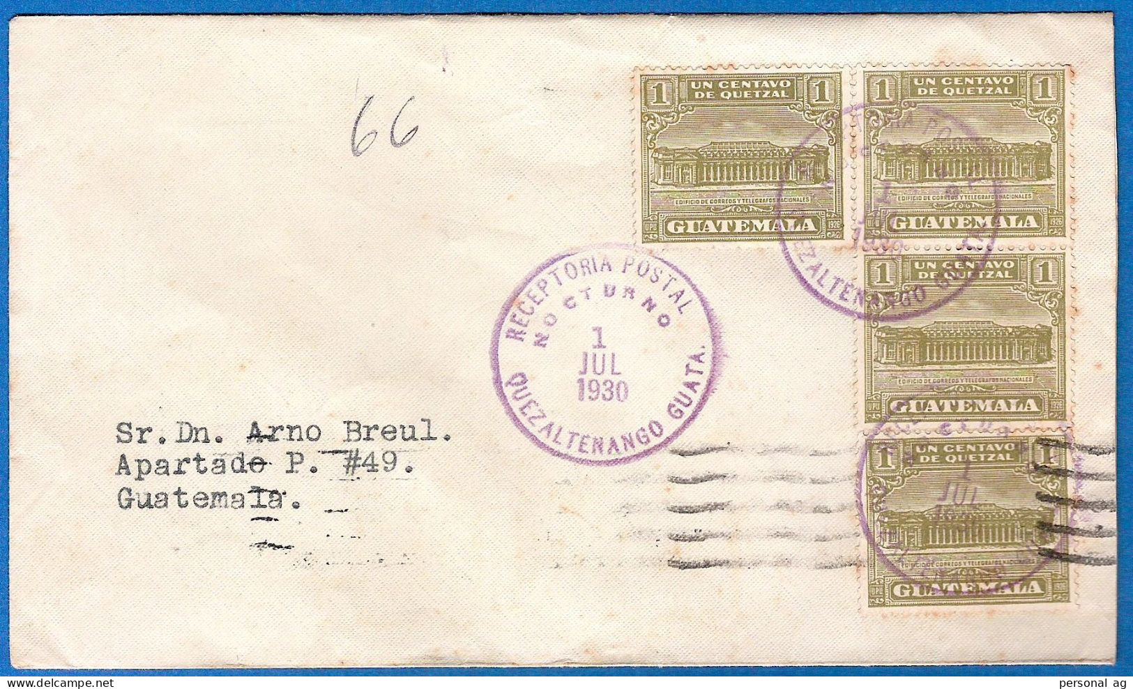 1930  Guatemala  Briefkasten - Nachtabfertigung  In Quezaltenango, MeF Nach Guatemala City - Guatemala
