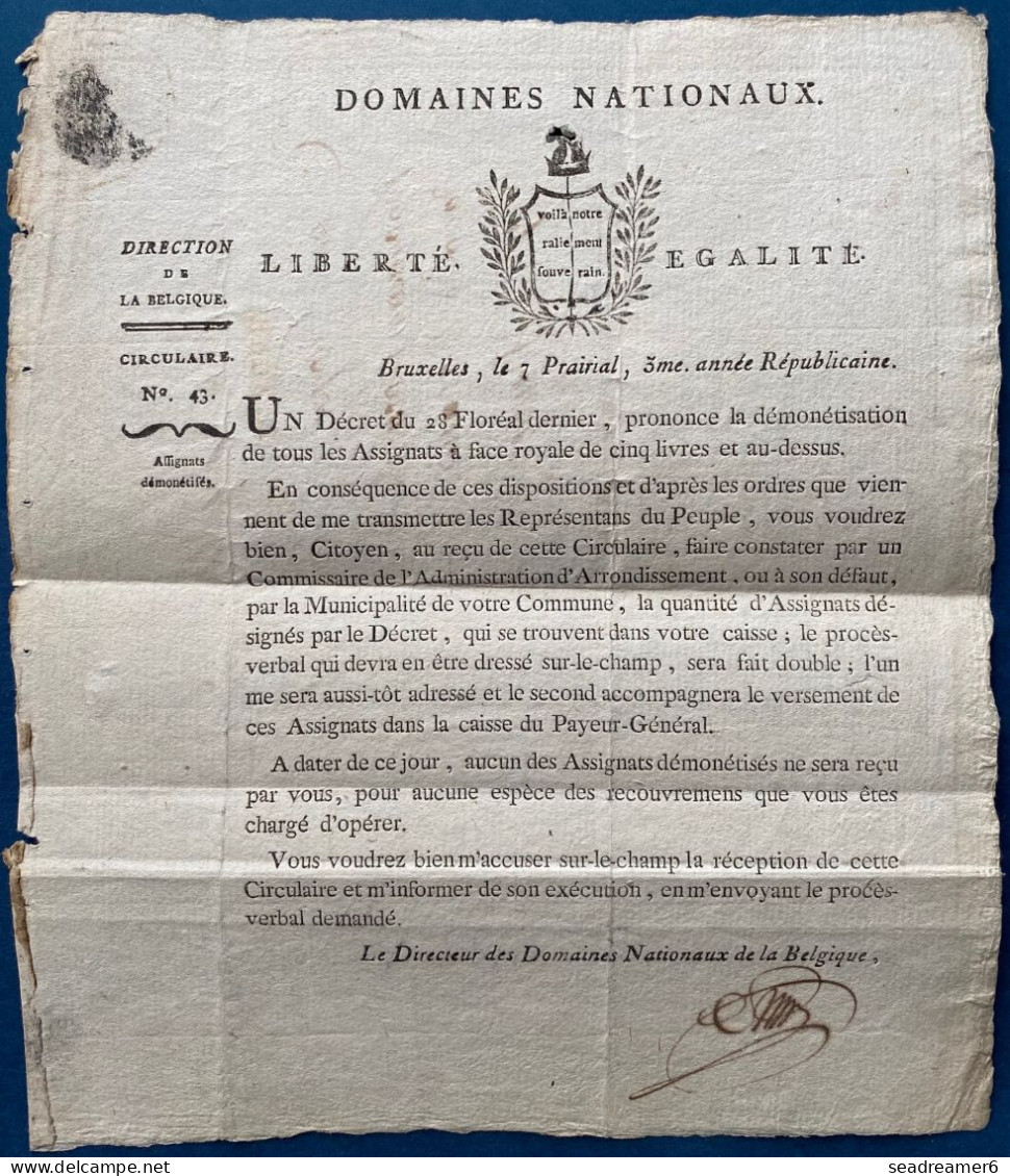 Lettre En Franchise LE DIRECTEUR DES DOMAINES NATIONAUX Marque BRUXELLES Rouge  7 Prairial An III (1795) Pour OSTENDE - 1794-1814 (Periodo Francese)