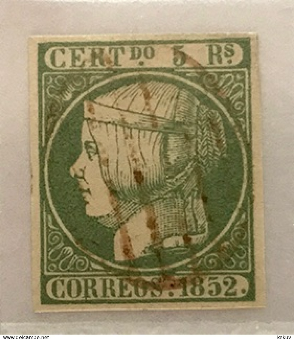 España 1852 - Isabel II - Edifil 15 - 5  Rs. Verde - Gran Pieza De Lujo - Usado - Sin Dentar - Márgenes Completos. Sin D - Usados