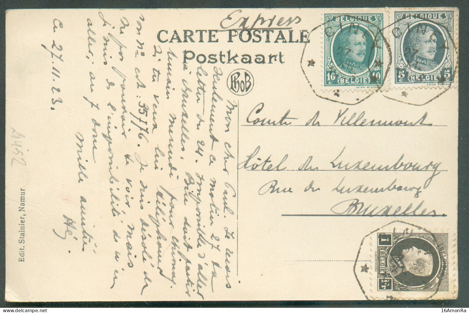 5 Et 10c. HOUYOUX + 1Fr. Petit MONTENEZ Sur C.P. (BARCENAL) De CINEY *** Envoyée En Exprès Le 27-XI-1923 Vers Bruxelles - 1921-1925 Small Montenez