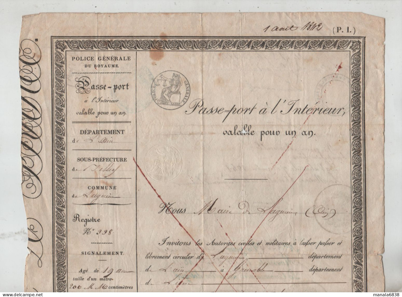 Passeport 1841 Lagnieu Berthelet Lajarisse Médecin Maire De Laverpillière Tampons à Identifier - Documents Historiques