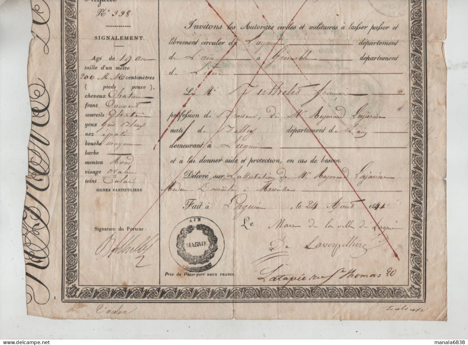 Passeport 1841 Lagnieu Berthelet Lajarisse Médecin Maire De Laverpillière Tampons à Identifier - Historische Dokumente