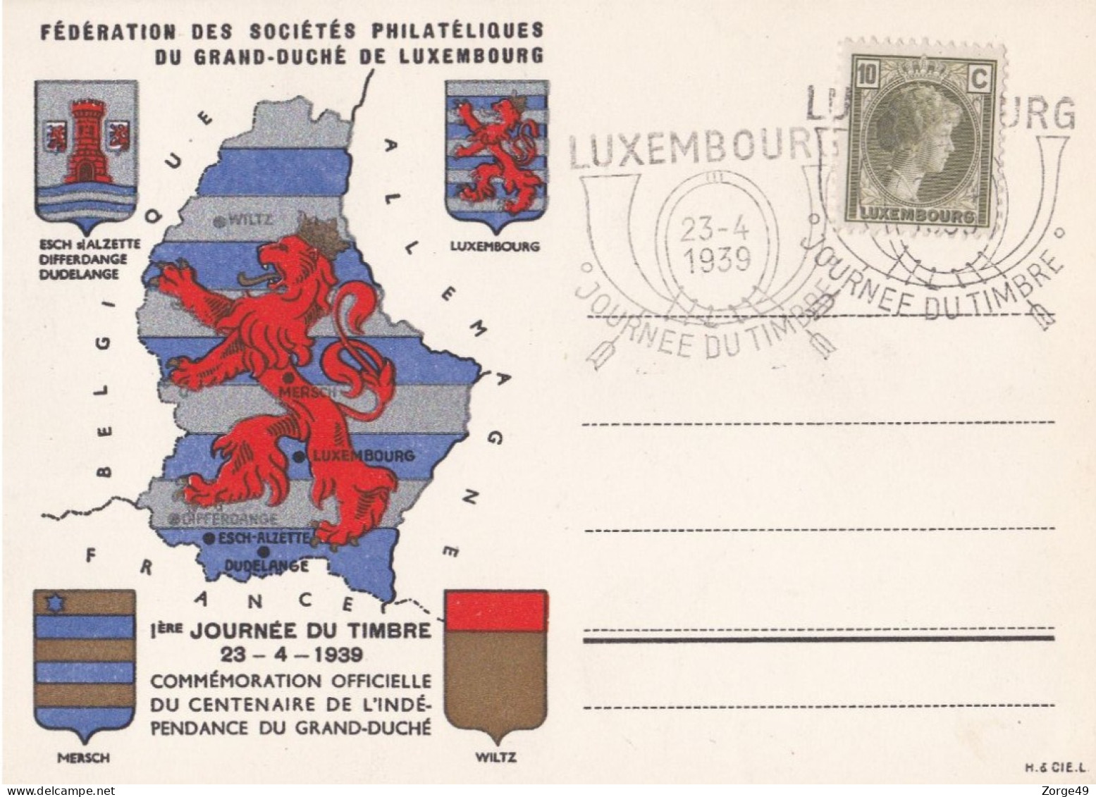 Carte Fédération Des Sociétés Philatéliques Luxembourg Journée Du Timbre 1939 Charlotte - Herdenkingskaarten