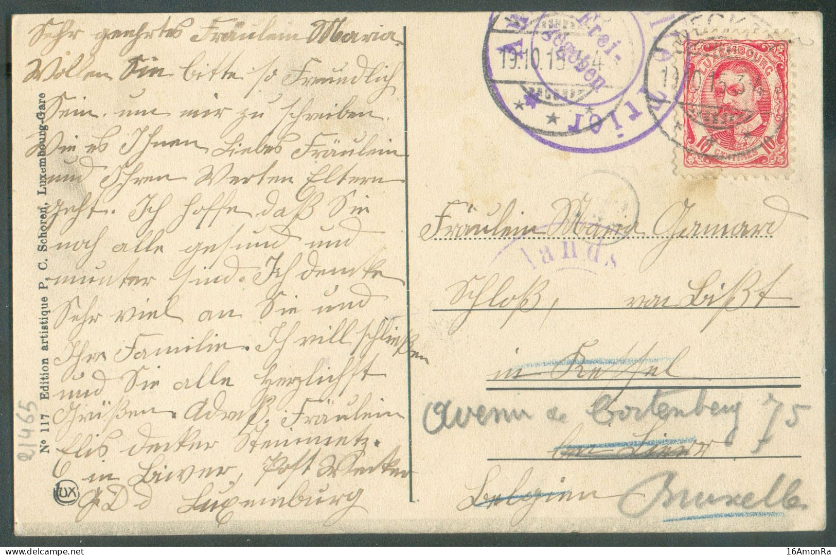 10c. Obl. Dc WECKER Sur C.P. (de Wanterbach) Du 19.10.15 Vers Salzinne (biffé) Et Suivi Vers Bruxelles + Censure De TRIE - 1906 Guillaume IV