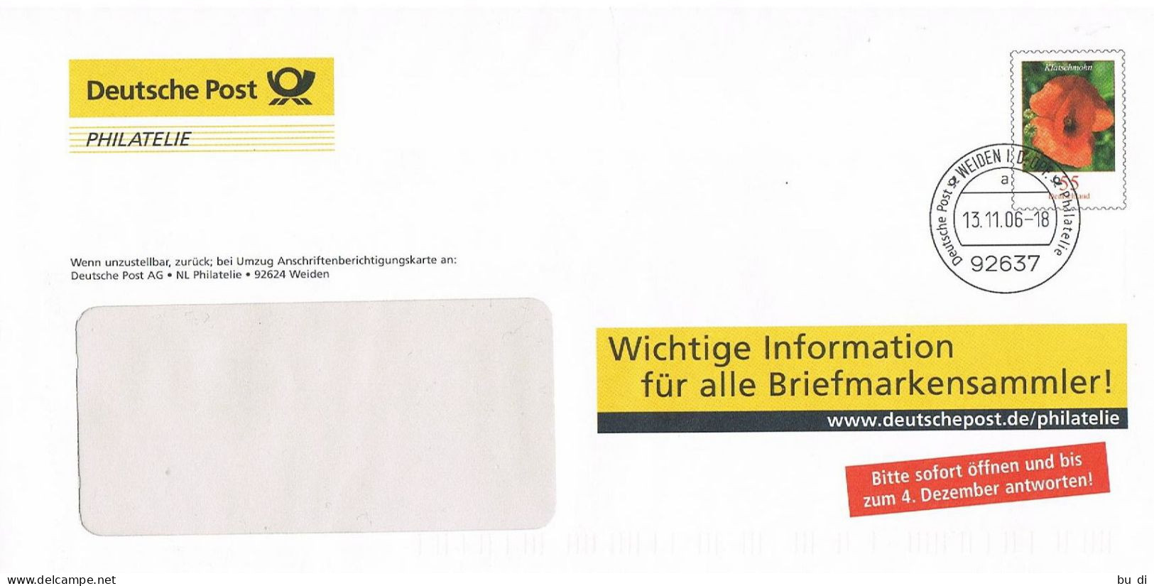 Deutschland Ganzsache Stationary Umschlag Klatschmohn - Absender Deutsche Post - Covers - Used