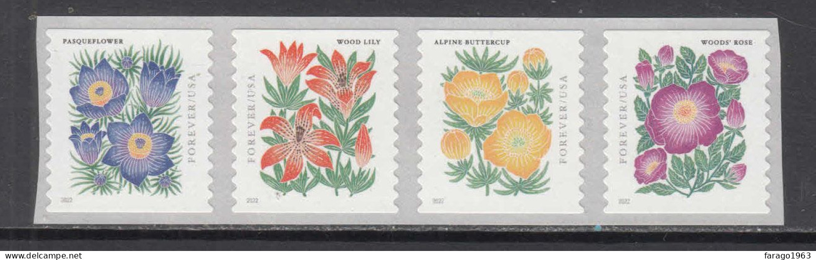 2022 United States USA Flowers  Complete Strip Of 4 MNH @ BELOW FACE VALUE - Unused Stamps