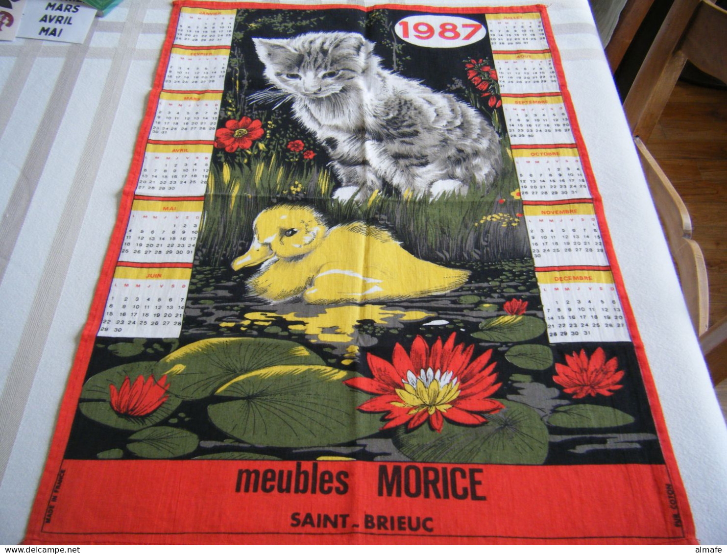 Torchon Publicitaire 1987 Meubles Morice Saint-Brieuc (22) - Chat Et Canard Made In France - Sonstige & Ohne Zuordnung