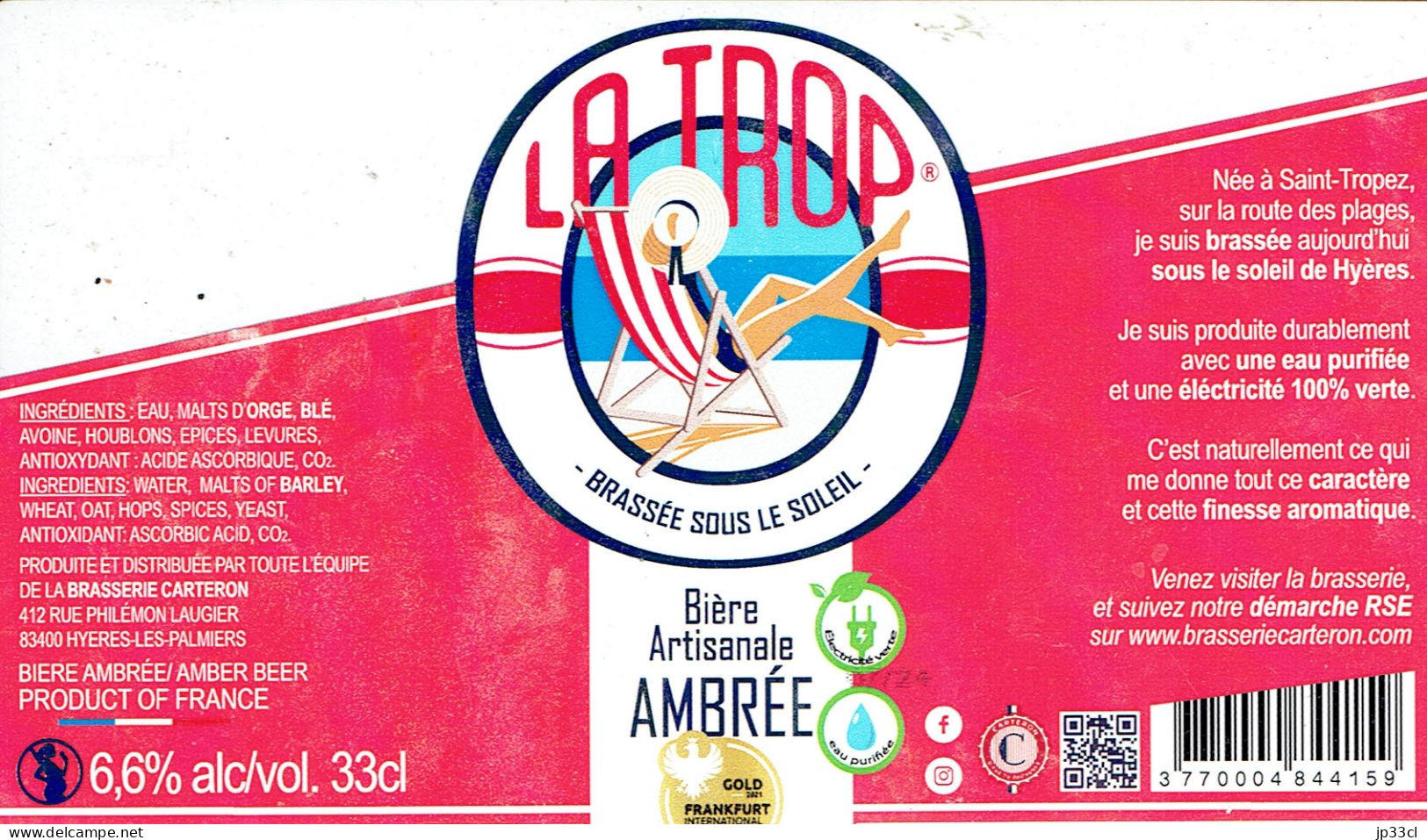 St-Tropez : Étiquette De La Bière "La Trop - Brassée Sous Le Soleil" Bière Ambrée (6,6 % Alc.) Brasserie Carteron Hyères - Bière