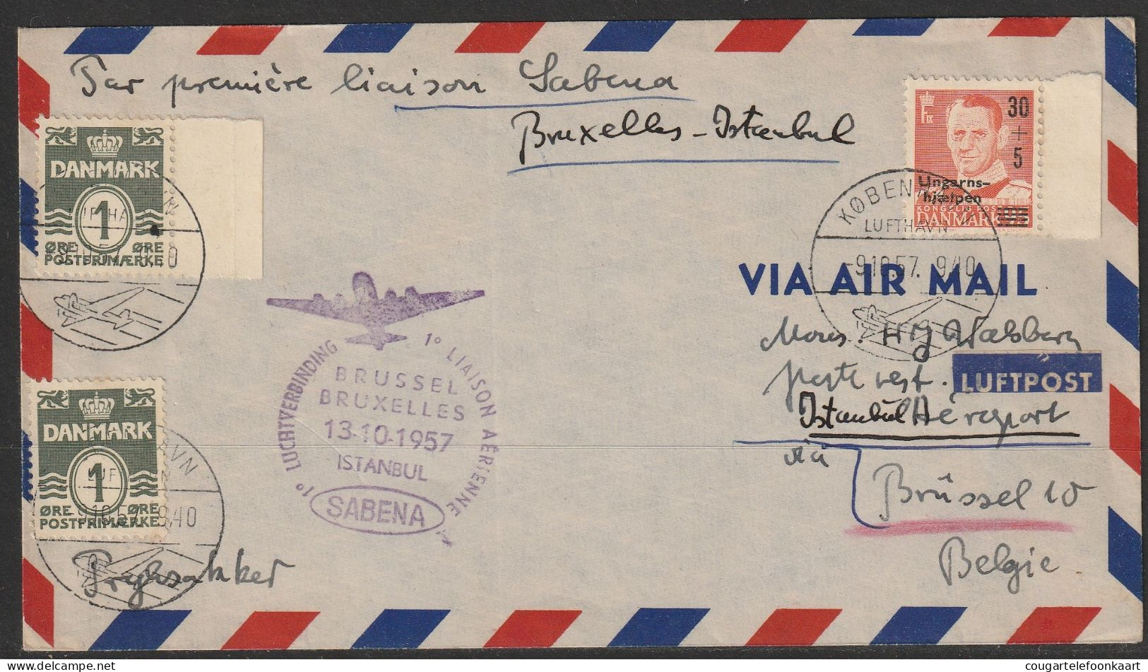 1957, Sabena, Ersflug, Kobenhavn-Istanbul, Feeder Mail - Airmail