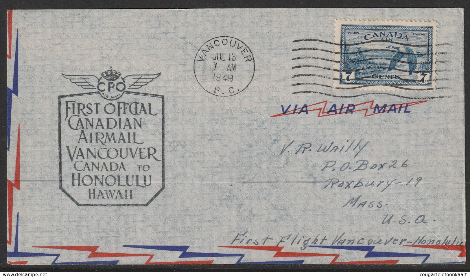 1949, CPO, First Flight Cover, Vancouver-Honolulu - Premiers Vols