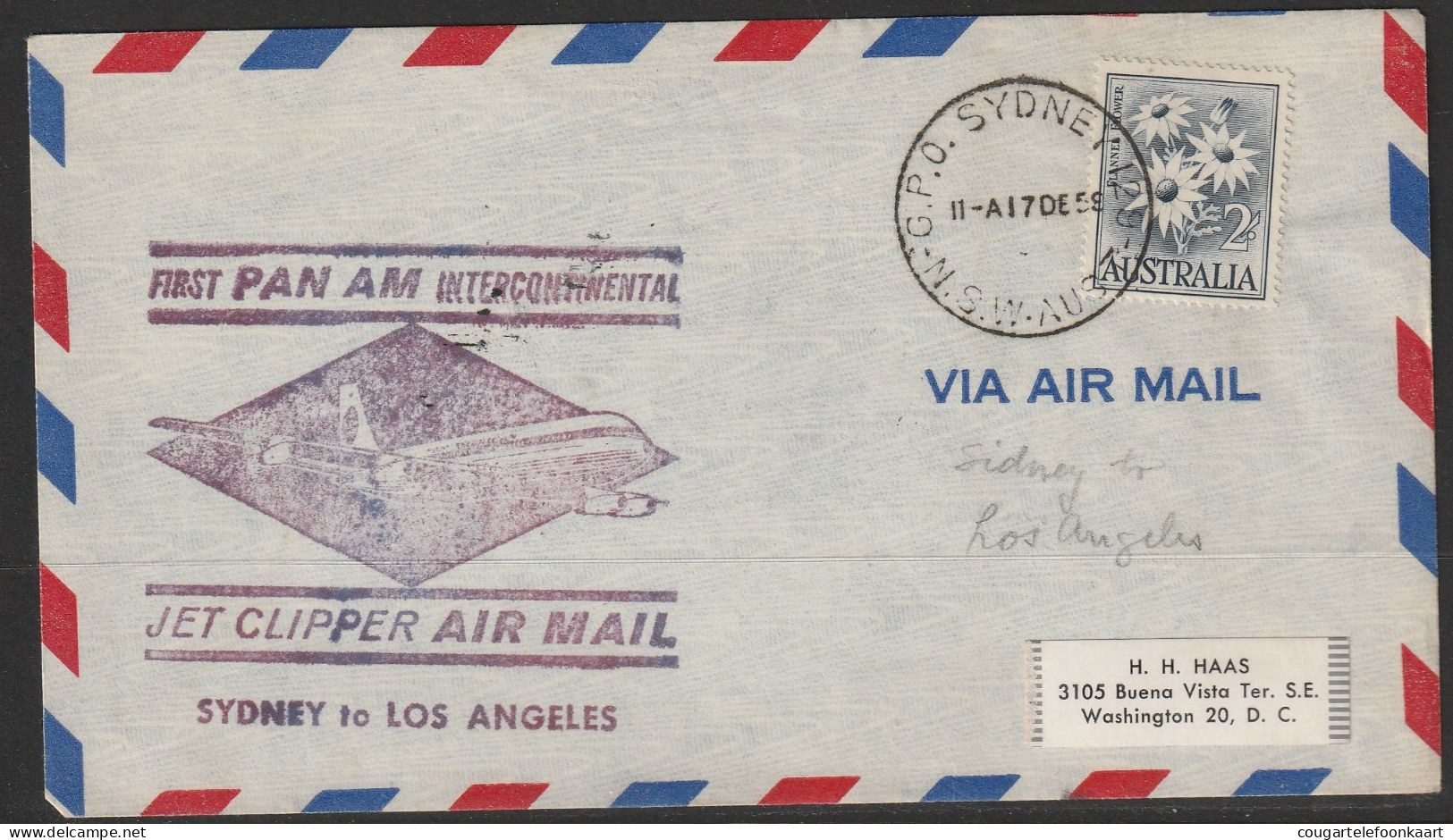 1959, Panam, First Flight Cover, Sydney-Los Angeles - Primeros Vuelos
