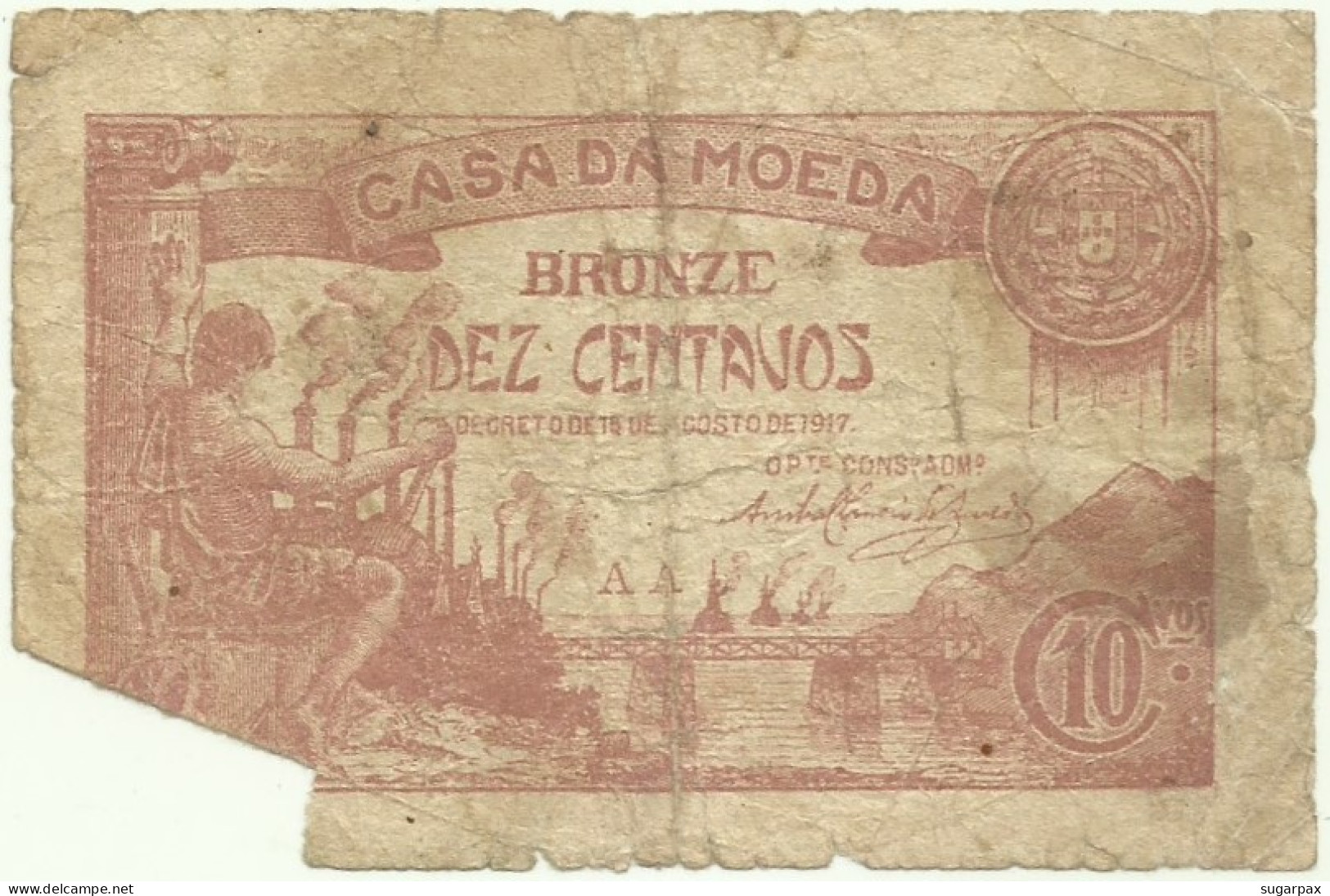 Portugal - CÉDULA 10 Centavos - 15.08.1917 - Pick: 96 - M.A. 6 - Serie AA - Casa Da Moeda - Portugal
