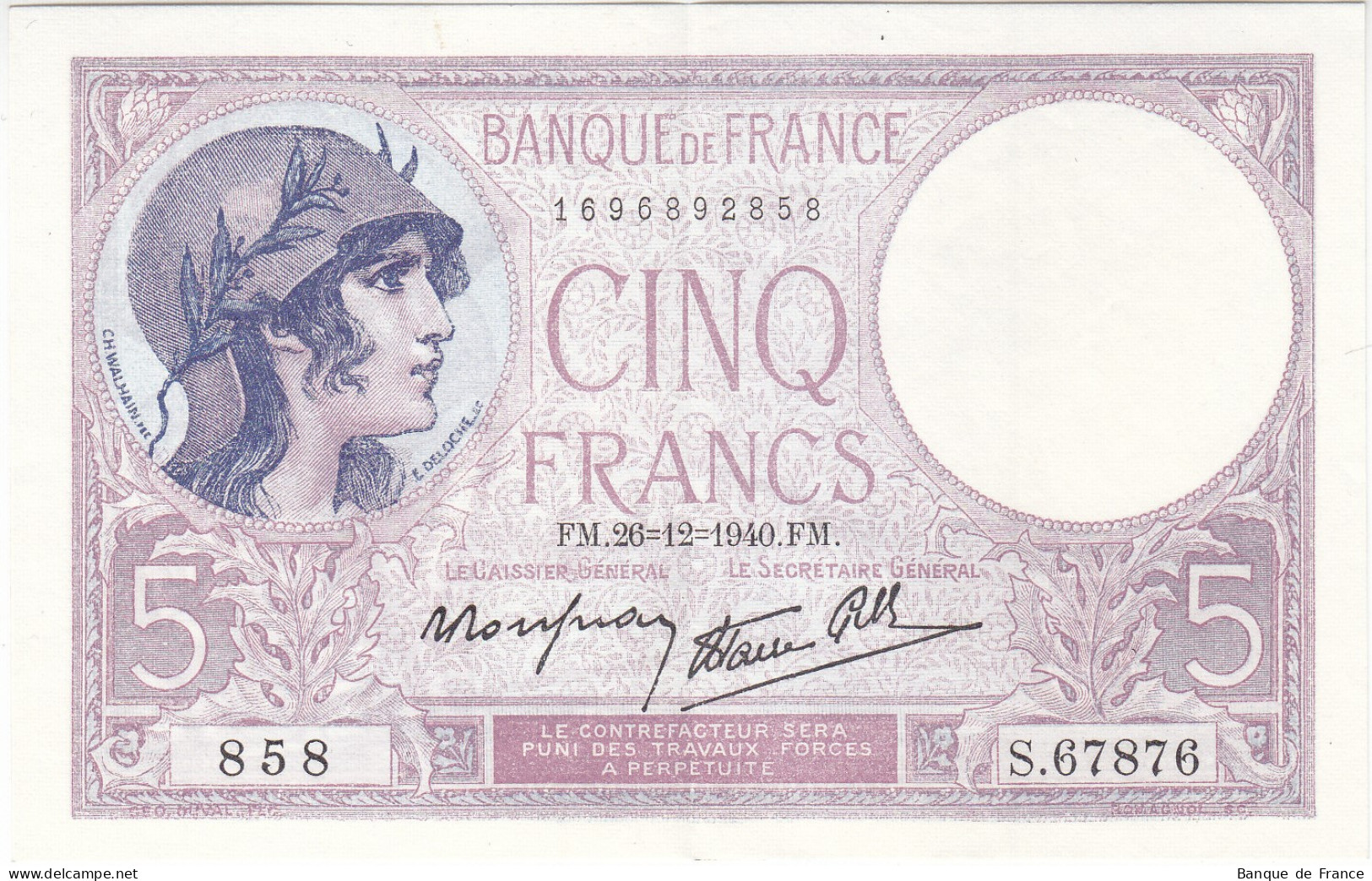 Billet 5 F Violet Du 26-12-1940 FAY 04.18 Alph. S.67876 SPL Sans épinglage - 5 F 1917-1940 ''Violet''