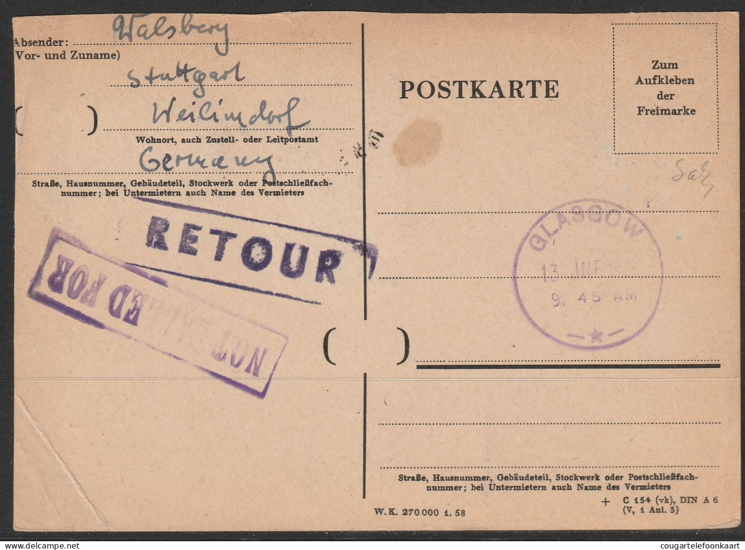 1959, Sabena, First Flight Card, Lubljana-Glasgow, Feeder Mail - Luftpost